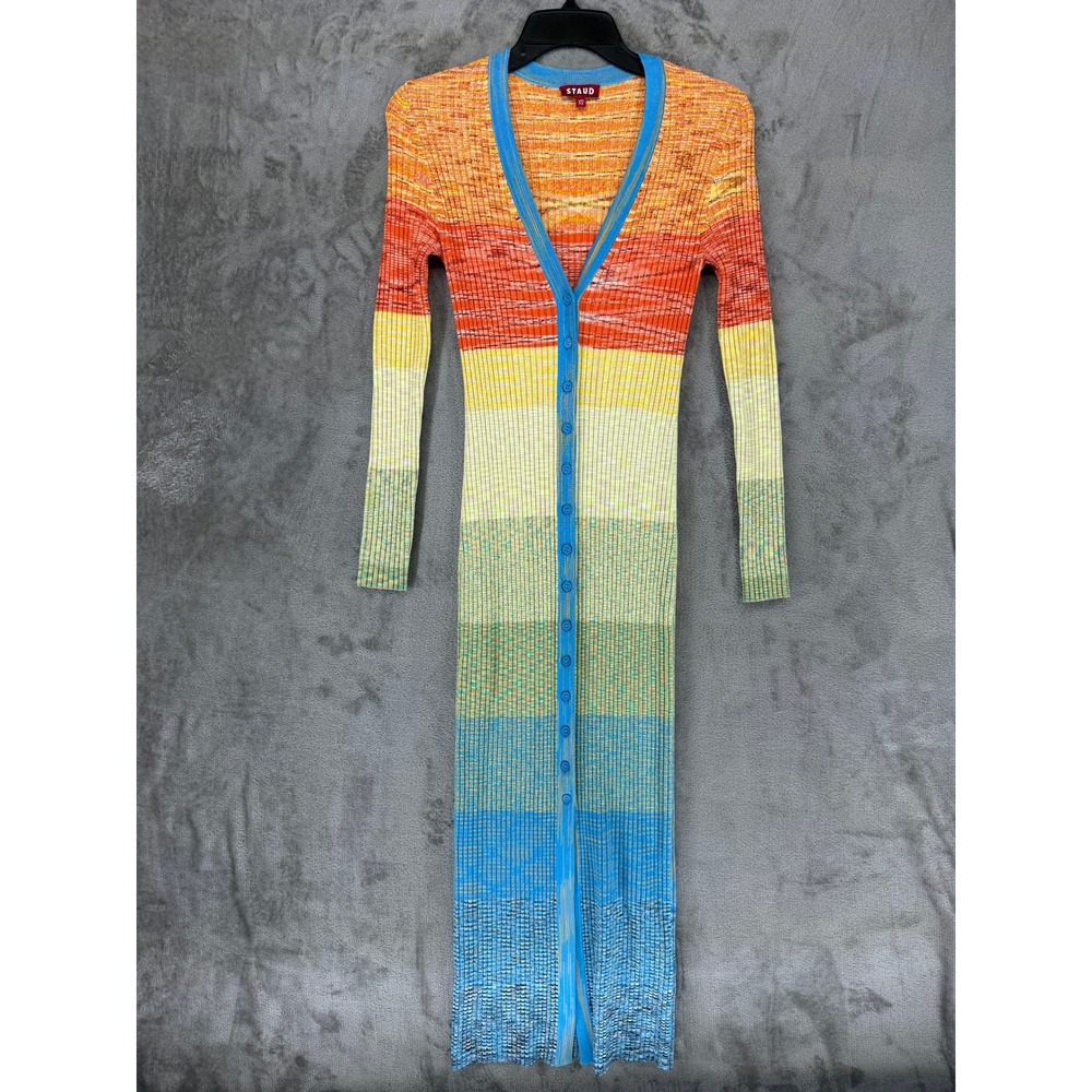 STAUD Shoko Women Multicolor Rainbow Striped Ribbed Button Front Maxi Dress XS - Picture 8 of 10